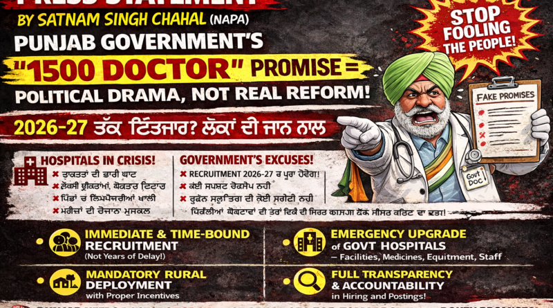 ਪੰਜਾਬ ਦੀ 1,500 ਡਾਕਟਰਾਂ ਦੀ ਭਰਤੀ ਯੋਜਨਾ: ਇੱਕ ਦੂਰਦਰਸ਼ੀ ਦੇਰੀ ਜਾਂ ਇੱਕ ਹੋਰ ਰਾਜਨੀਤਿਕ ਵਾਅਦਾ? – ਸਤਨਾਮ ਸਿੰਘ ਚਾਹਲ