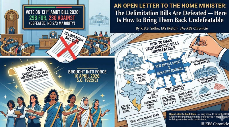 ਮਹਿਲਾ ਰਾਖਵਾਂਕਰਨ ਅਤੇ ਹੱਦਬੰਦੀ ਬਿੱਲਾਂ ਨੂੰ ਹਾਰ ਜਾਂ ਵਾਪਸ ਲੈ ਲਿਆ ਗਿਆ- ਕੇ.ਬੀ.ਐਸ. ਸਿੱਧੂ